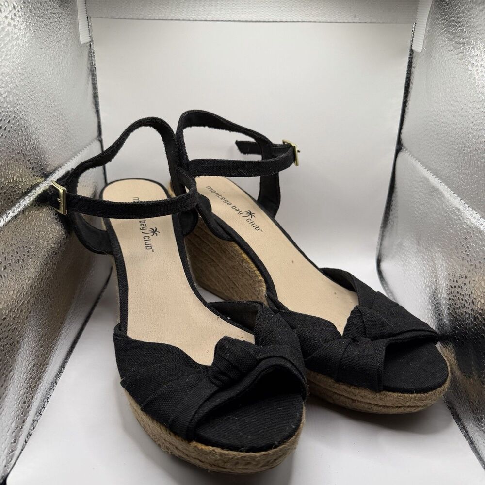 Montego Bay Club Womens 9 Black Espadrille Wedge Sandals Ankle Strap Bow